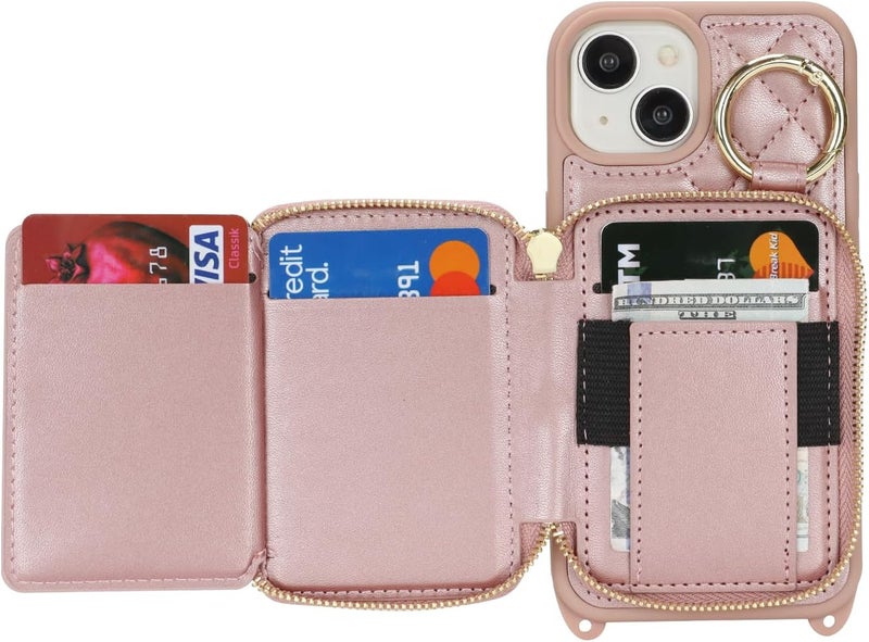 Hamany Crossbody Wallet Case for iPhone 13, PU Leather Zipper Handbag Purse Flip Cover, Kickstand Folio Case with Card Slots Holder Wrist Strap Lanyard 5G 6.1 Inch-Rose Gold - Image 5